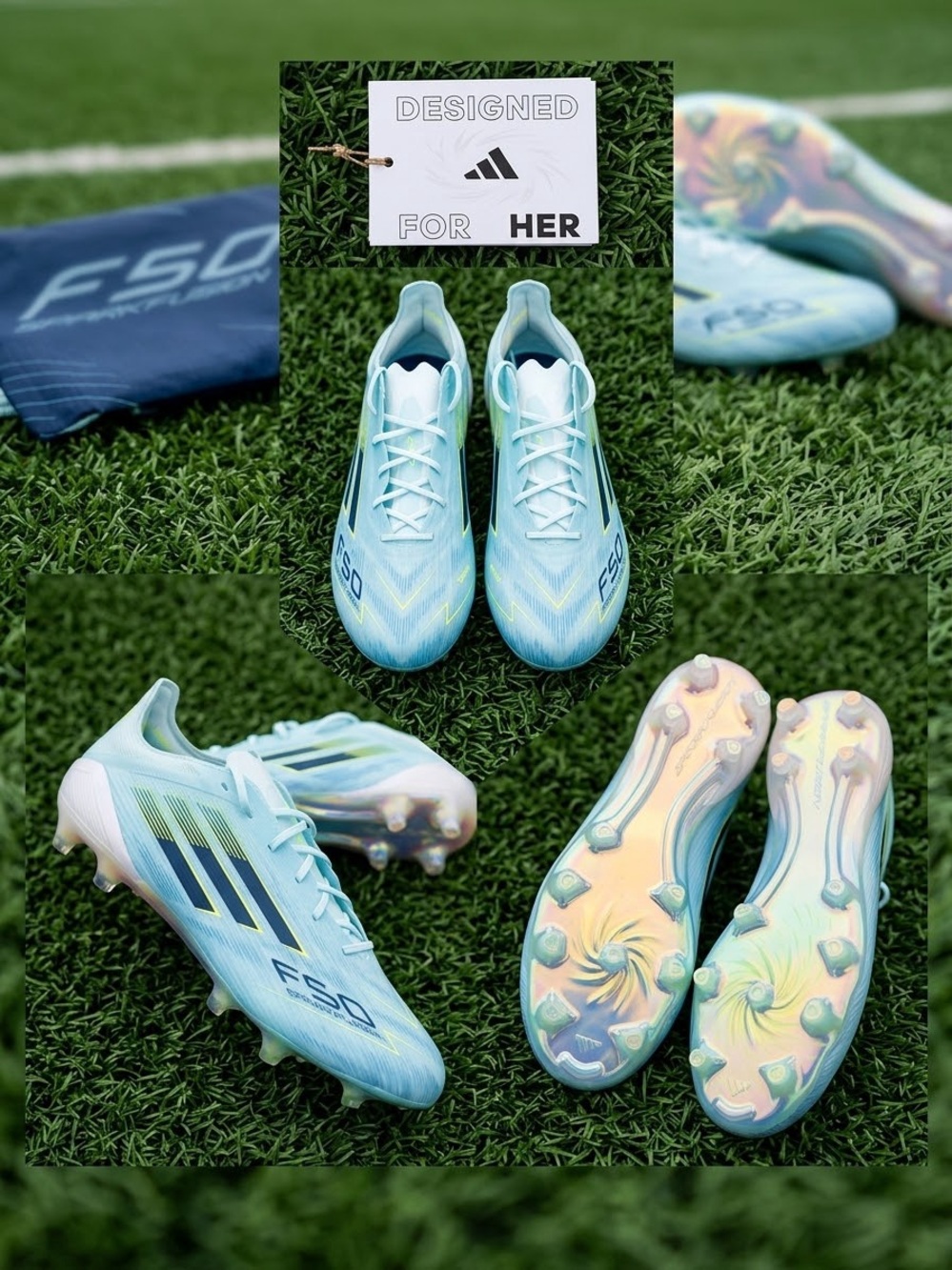 adidas F50 Women’s Soccer Cleats in Light Blue with Iridescent Sole